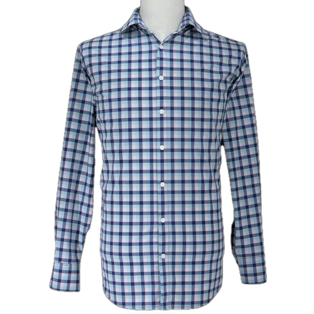 Quiet Luxury Mizzen+Main Leeward Shirt Men M Blue Gingham Stretch Dress